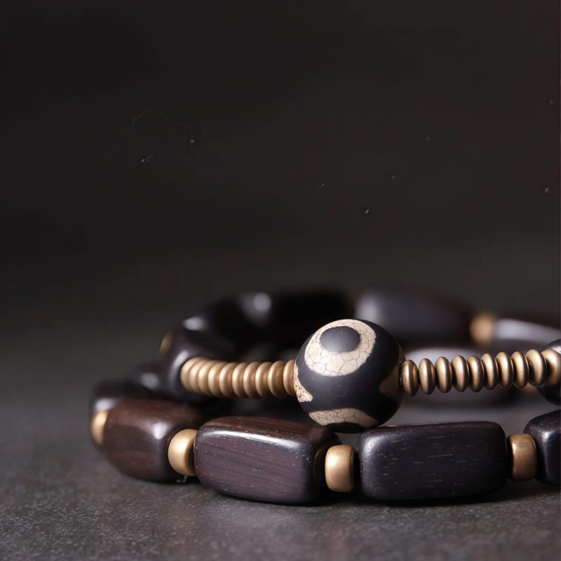 Tibet Ebony Wood Dzi Bead Copper Double Wrap Bracelet
