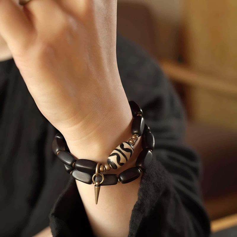 Tibet Ebony Wood Dzi Bead Copper Double Wrap Bracelet