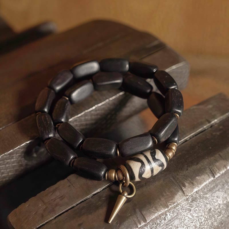 Tibet Ebony Wood Dzi Bead Copper Double Wrap Bracelet