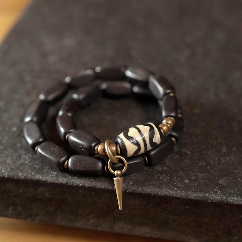 Tibet Ebony Wood Dzi Bead Copper Double Wrap Bracelet