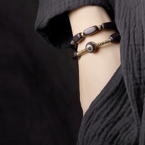 チベット産黒檀×天珠×銅 2連ラップブレスレット