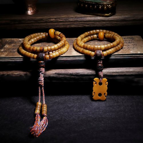 Pulsera Mala Tibetana 108 Cuentas en Hueso de Yak y Ámbar