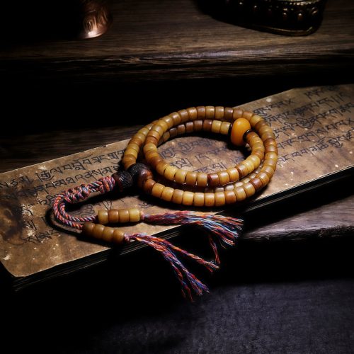 Pulsera Mala Tibetana 108 Cuentas en Hueso de Yak y Ámbar