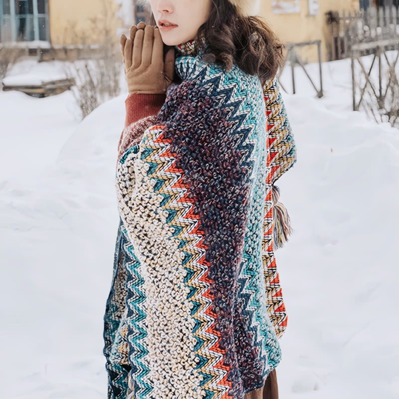 Tibetan Blue Beige Wavy Tassel Shawl Tibetan Blue Beige Wavy Tassel Shawl