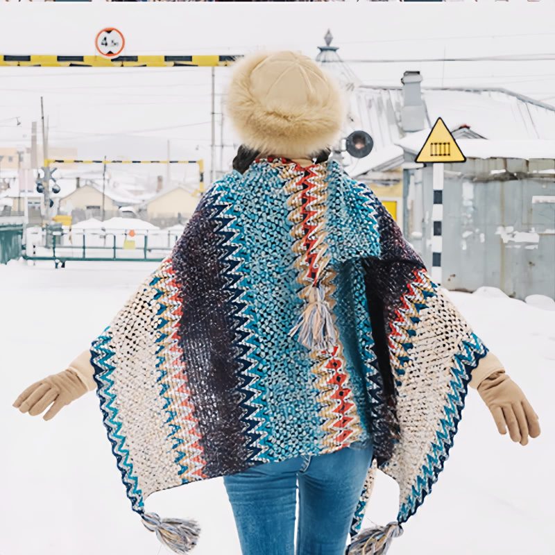 Tibetan Blue Beige Wavy Tassel Shawl Tibetan Blue Beige Wavy Tassel Shawl