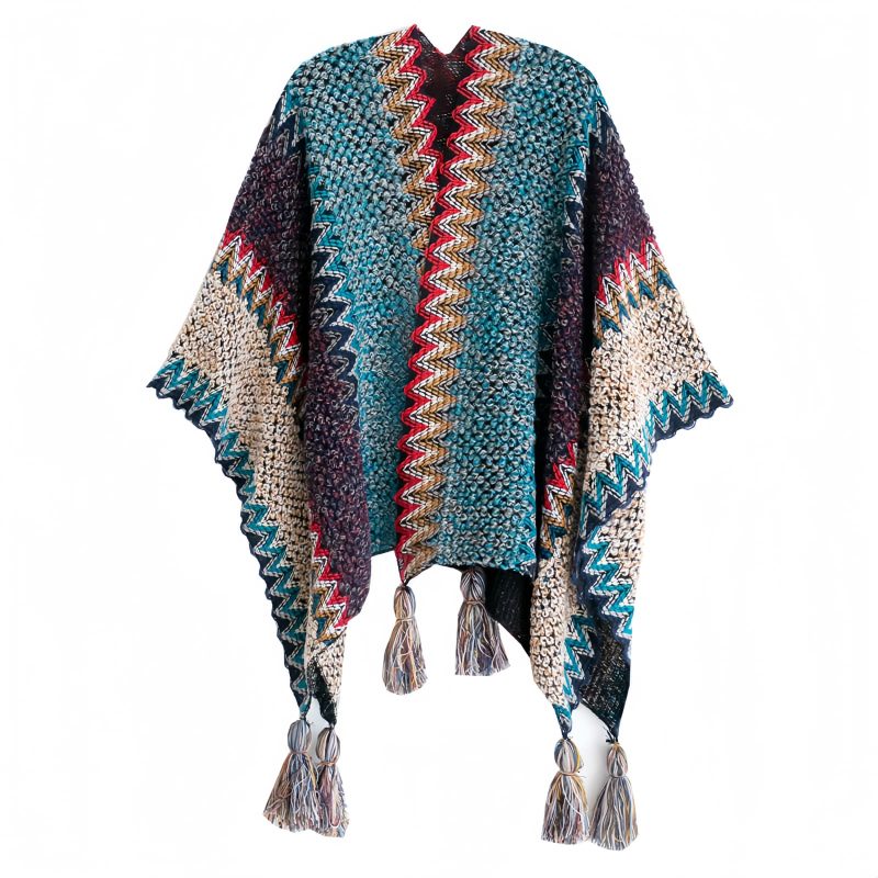 Tibetan Blue Beige Wavy Tassel Shawl Tibetan Blue Beige Wavy Tassel Shawl