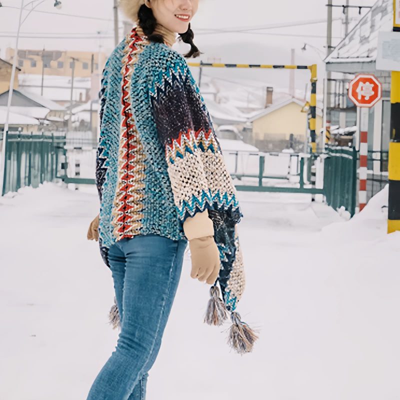 Tibetan Blue Beige Wavy Tassel Shawl Tibetan Blue Beige Wavy Tassel Shawl