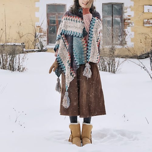 Tibetischer Schal mit Wellenmuster und Quasten – Blau & Beige Tibetischer Schal mit Wellenmuster und Quasten – Blau & Beige