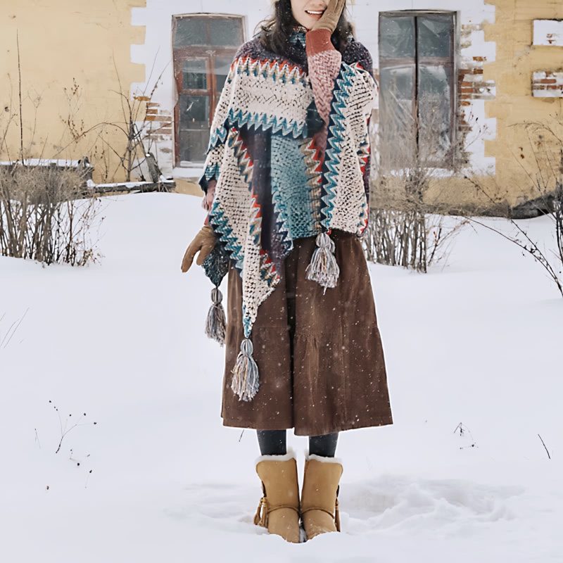 Tibetan Blue Beige Wavy Tassel Shawl Tibetan Blue Beige Wavy Tassel Shawl