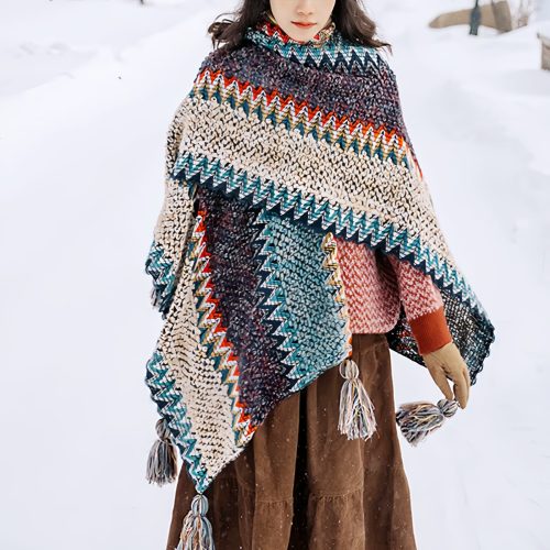 Tibetischer Schal mit Wellenmuster und Quasten – Blau & Beige Tibetischer Schal mit Wellenmuster und Quasten – Blau & Beige