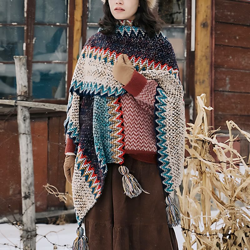 Tibetan Blue Beige Wavy Tassel Shawl Tibetan Blue Beige Wavy Tassel Shawl