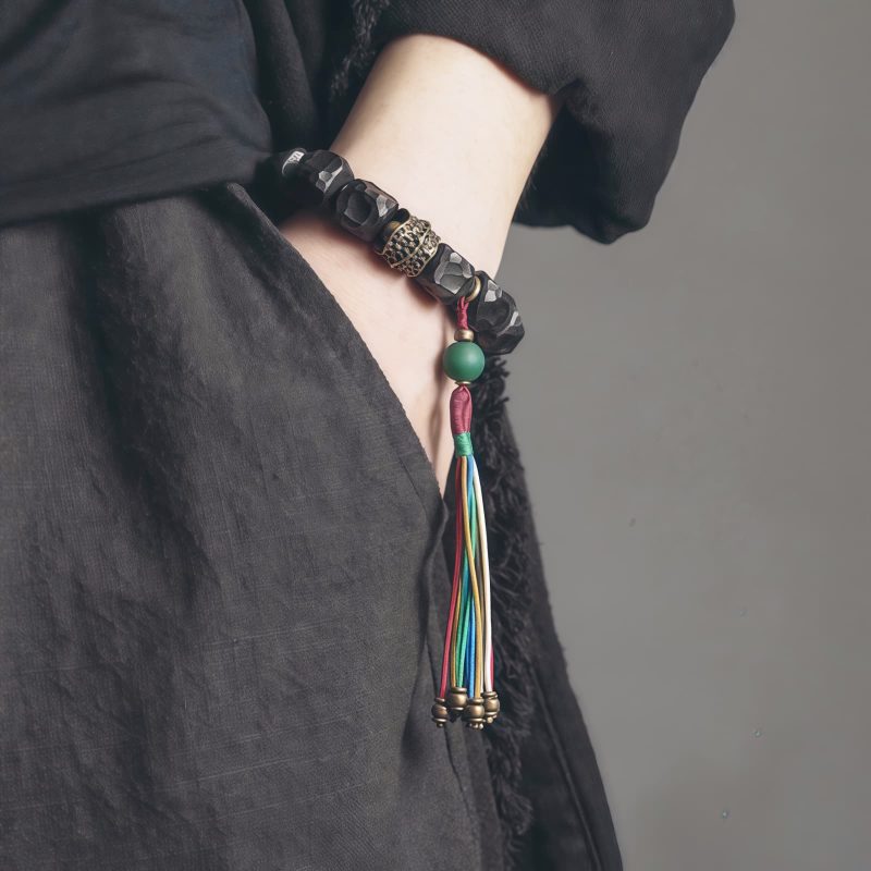 チベット黒檀・銅・瑪瑙(メノウ) 平安念珠ブレスレット Tibetan Ebony Wood Copper Peace Mala Bracelet