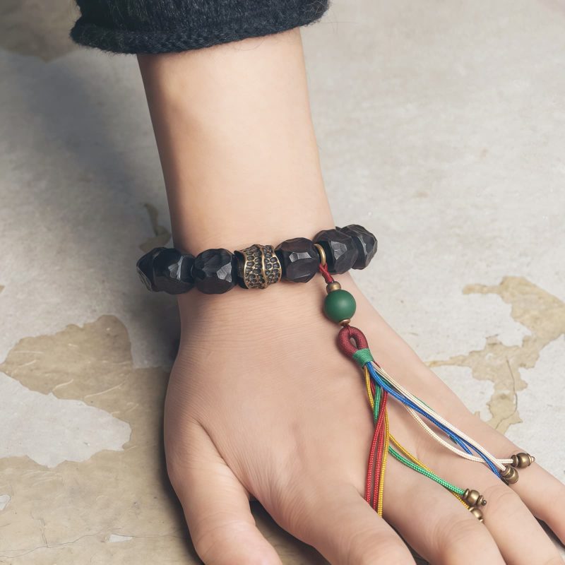 チベット黒檀・銅・瑪瑙(メノウ) 平安念珠ブレスレット Tibetan Ebony Wood Copper Peace Mala Bracelet
