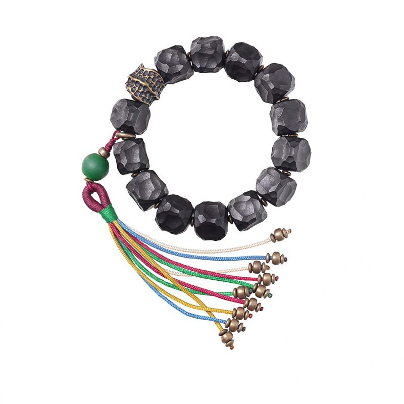 チベット黒檀・銅・瑪瑙(メノウ) 平安念珠ブレスレット Tibetan Ebony Wood Copper Peace Mala Bracelet
