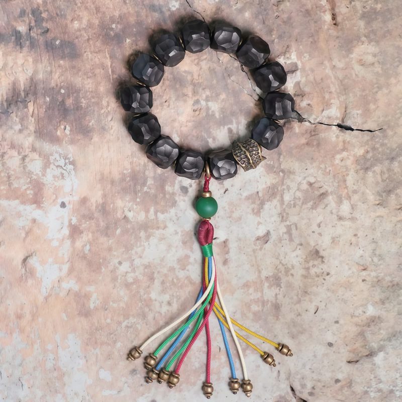 チベット黒檀・銅・瑪瑙(メノウ) 平安念珠ブレスレット Tibetan Ebony Wood Copper Peace Mala Bracelet