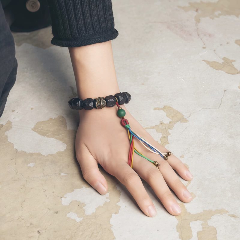 チベット黒檀・銅・瑪瑙(メノウ) 平安念珠ブレスレット Tibetan Ebony Wood Copper Peace Mala Bracelet
