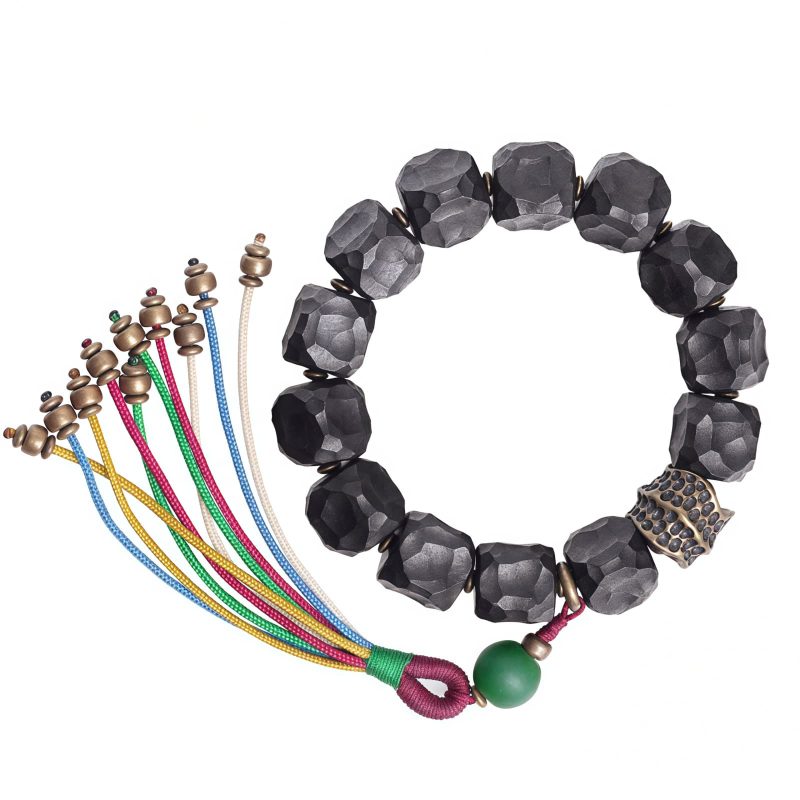 チベット黒檀・銅・瑪瑙(メノウ) 平安念珠ブレスレット Tibetan Ebony Wood Copper Peace Mala Bracelet