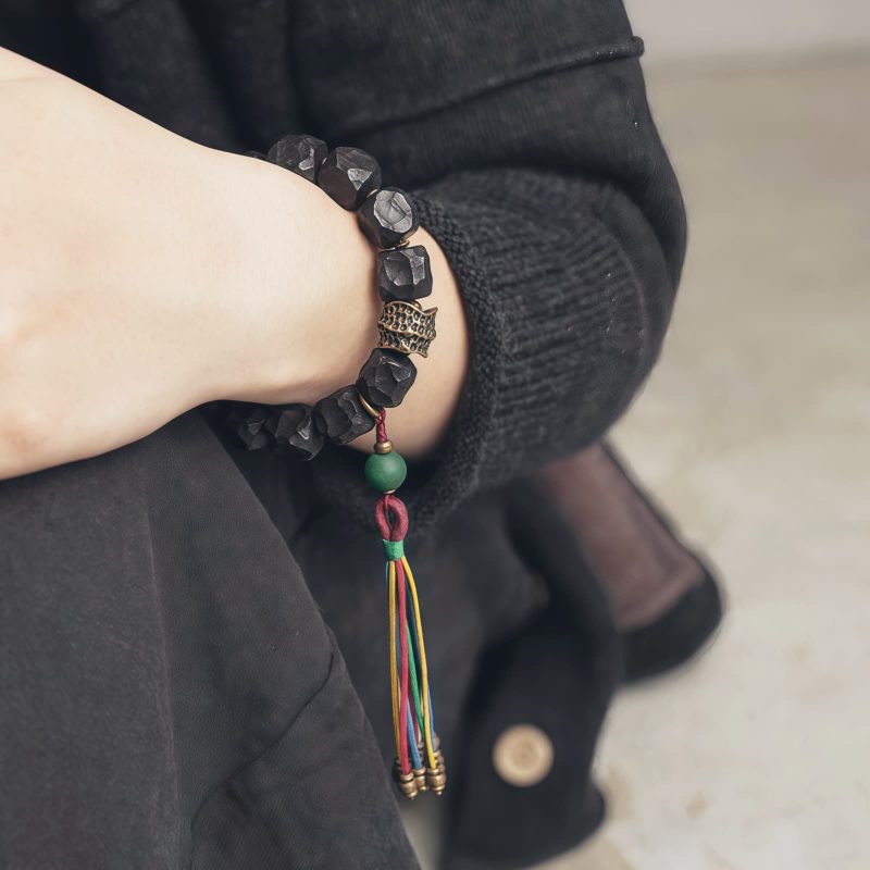 チベット黒檀・銅・瑪瑙(メノウ) 平安念珠ブレスレット Tibetan Ebony Wood Copper Peace Mala Bracelet