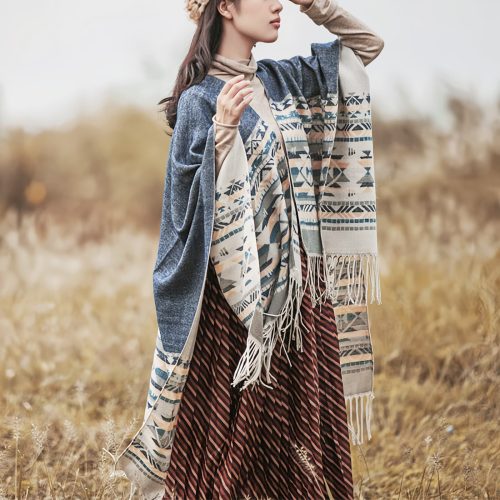 Xale Tibetano Geométrico com Tassel