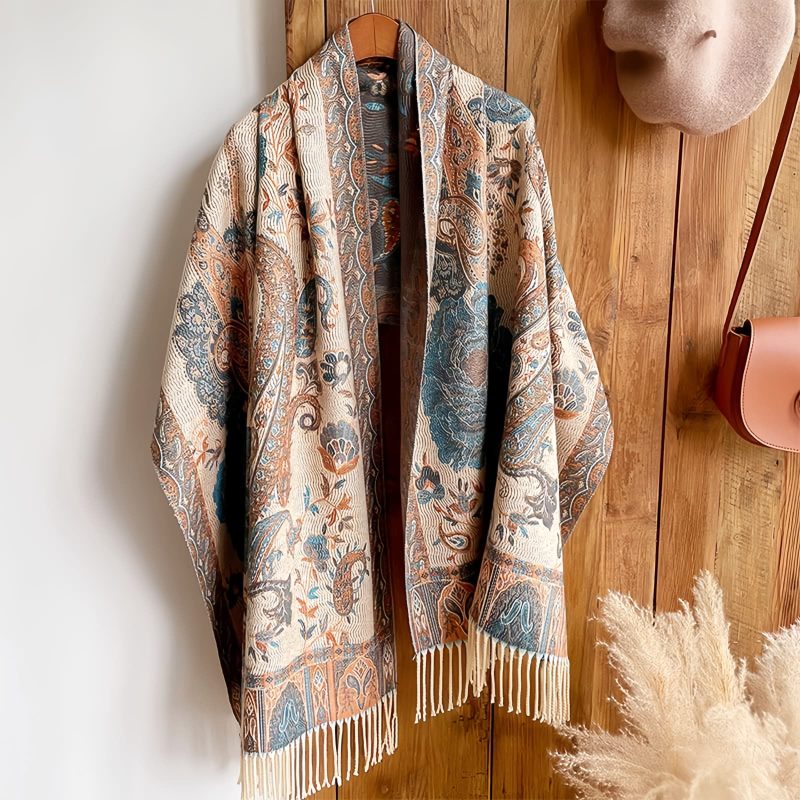 チベット風 牡丹唐草紋様 ショール Tibetan Polyester Peony Vine Shawl