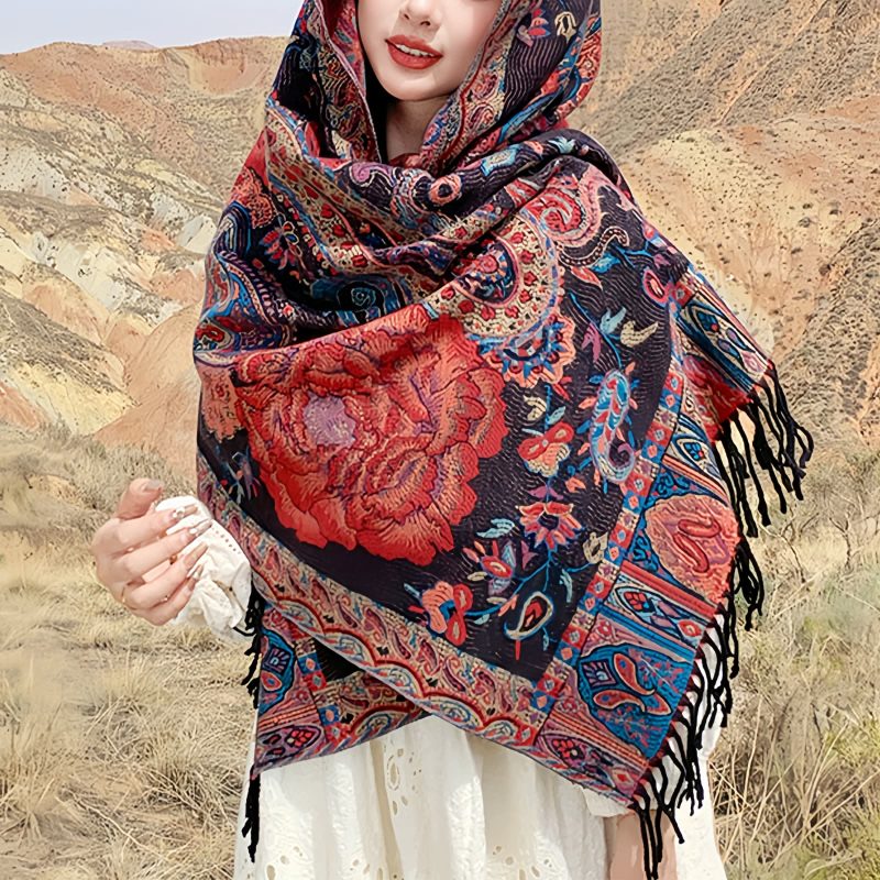 チベット風 牡丹唐草紋様 ショール Tibetan Polyester Peony Vine Shawl