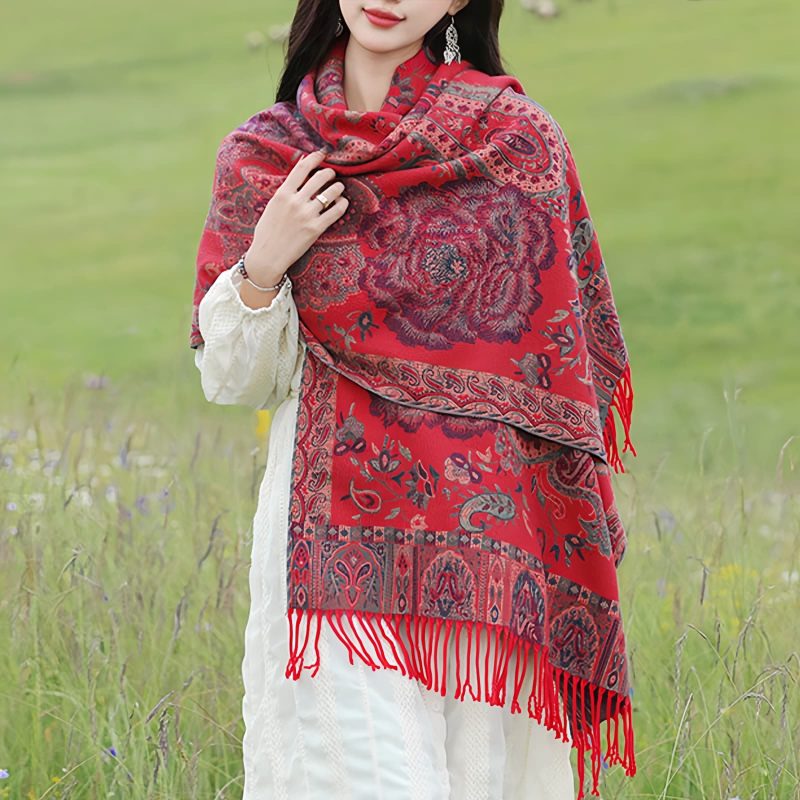 チベット風 牡丹唐草紋様 ショール Tibetan Polyester Peony Vine Shawl