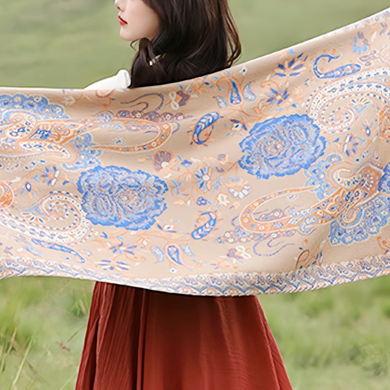 チベット風 牡丹唐草紋様 ショール Tibetan Polyester Peony Vine Shawl