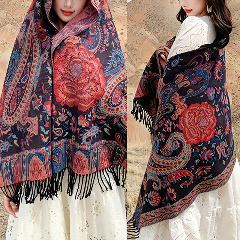チベット風 牡丹唐草紋様 ショール Tibetan Polyester Peony Vine Shawl