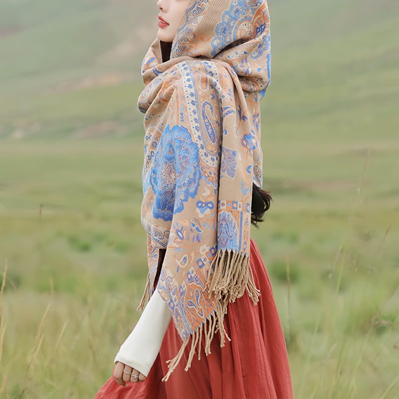 チベット風 牡丹唐草紋様 ショール Tibetan Polyester Peony Vine Shawl
