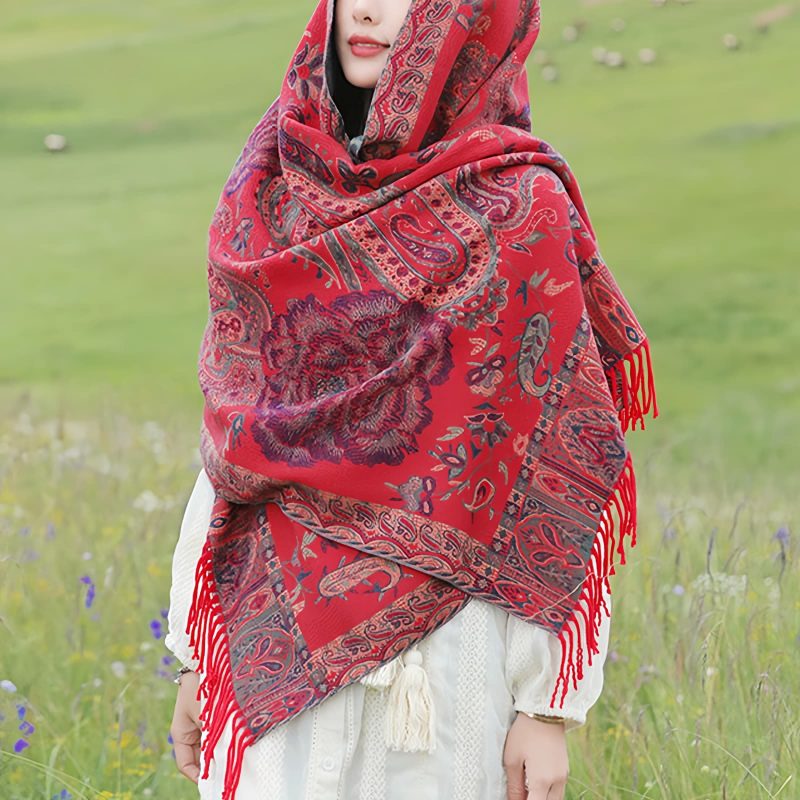 チベット風 牡丹唐草紋様 ショール Tibetan Polyester Peony Vine Shawl