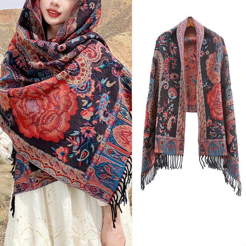チベット風 牡丹唐草紋様 ショール Tibetan Polyester Peony Vine Shawl