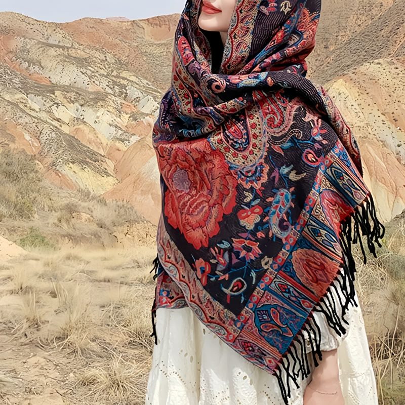 チベット風 牡丹唐草紋様 ショール Tibetan Polyester Peony Vine Shawl