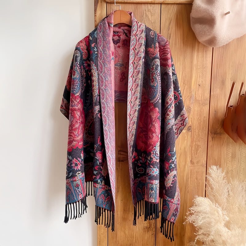 チベット風 牡丹唐草紋様 ショール Tibetan Polyester Peony Vine Shawl