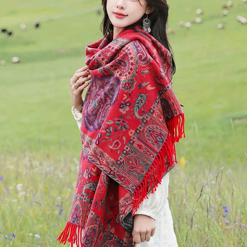 チベット風 牡丹唐草紋様 ショール Tibetan Polyester Peony Vine Shawl