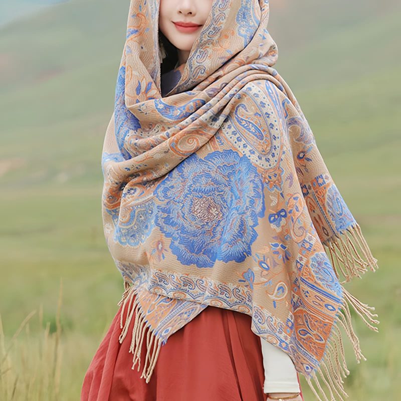 チベット風 牡丹唐草紋様 ショール Tibetan Polyester Peony Vine Shawl