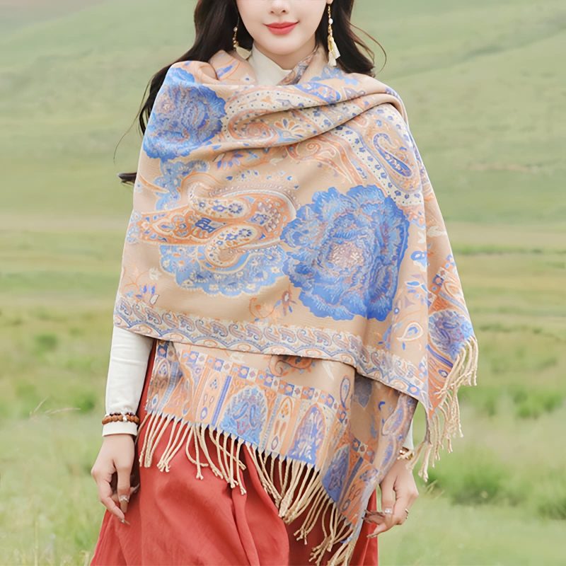 チベット風 牡丹唐草紋様 ショール Tibetan Polyester Peony Vine Shawl