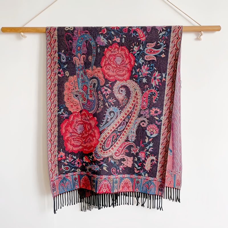 チベット風 牡丹唐草紋様 ショール Tibetan Polyester Peony Vine Shawl