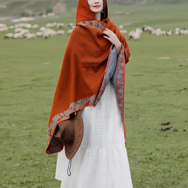 Tibetan Small Floral Hooded Shawl Tibetan Small Floral Hooded Shawl