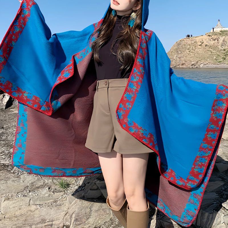 Tibetan Small Floral Hooded Shawl Tibetan Small Floral Hooded Shawl