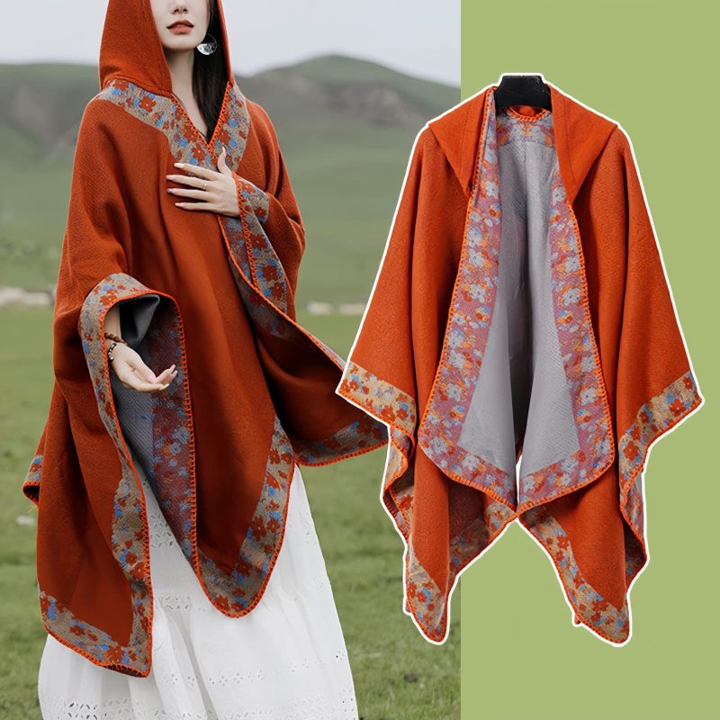 Tibetan Small Floral Hooded Shawl Tibetan Small Floral Hooded Shawl