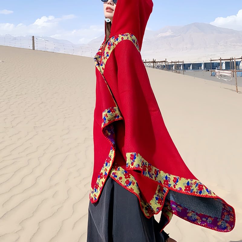 Tibetan Small Floral Hooded Shawl Tibetan Small Floral Hooded Shawl