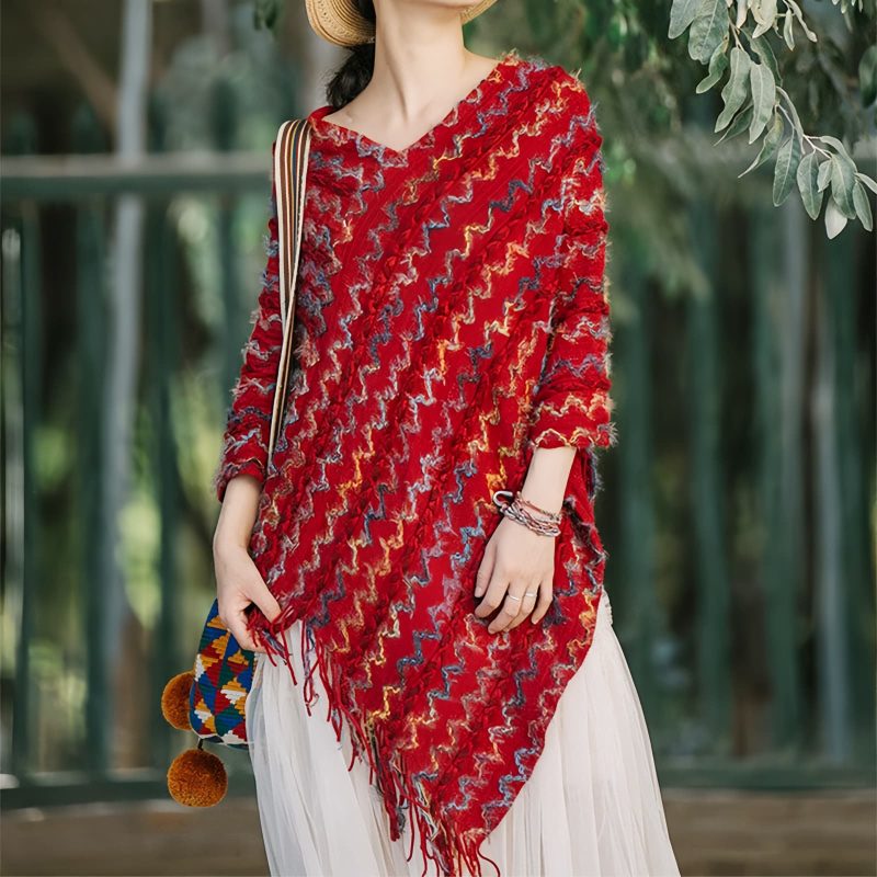 Tibetan Striped Pullover Tassel Shawl Tibetan Striped Pullover Tassel Shawl