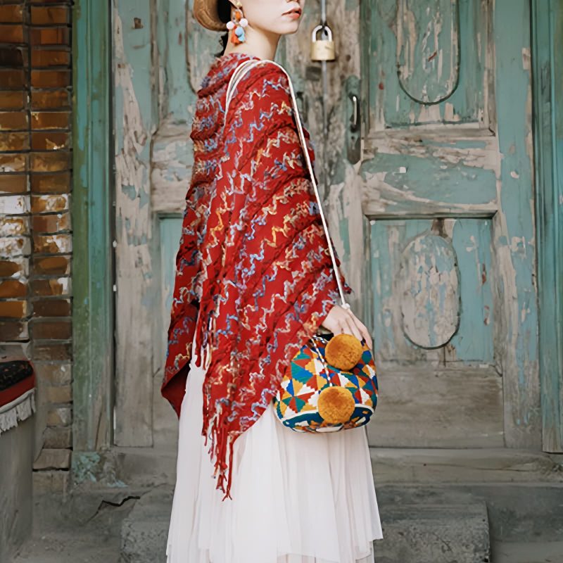 Tibetan Striped Pullover Tassel Shawl Tibetan Striped Pullover Tassel Shawl