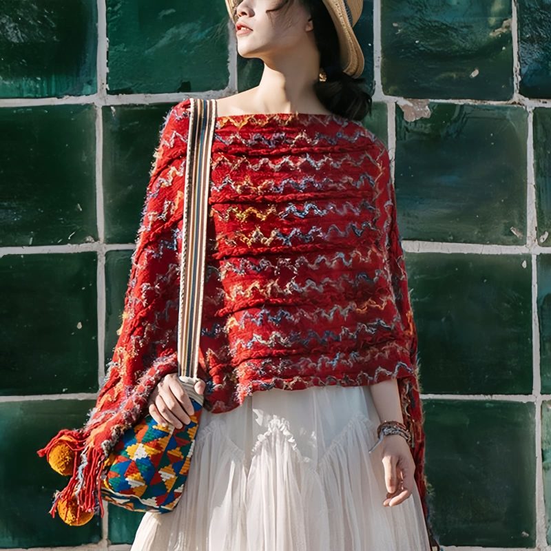 Tibetan Striped Pullover Tassel Shawl Tibetan Striped Pullover Tassel Shawl
