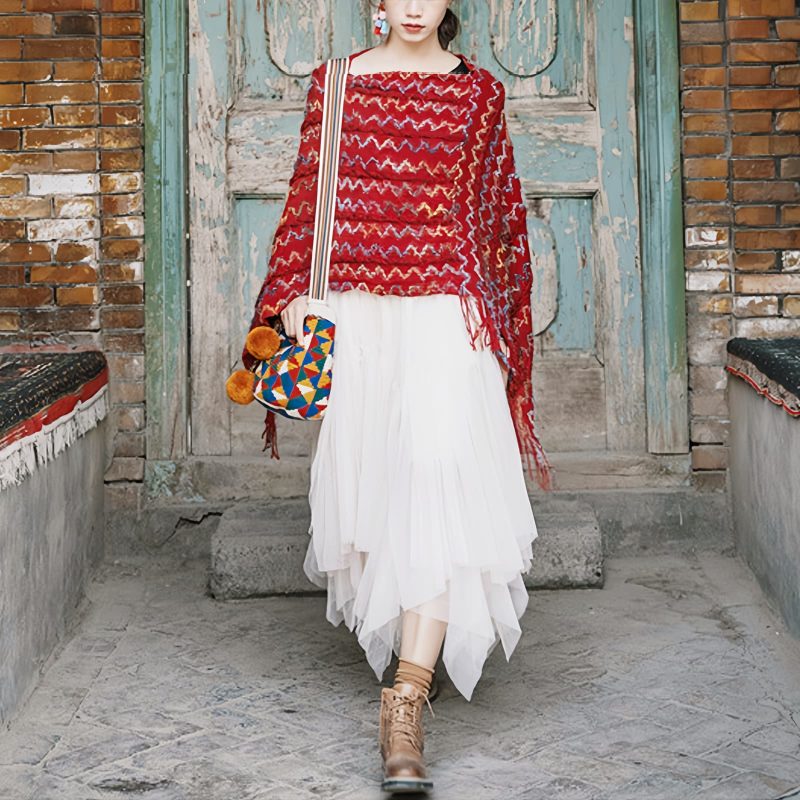 Tibetan Striped Pullover Tassel Shawl Tibetan Striped Pullover Tassel Shawl