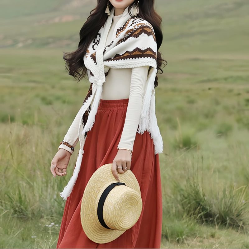Tibetan Triangular Striped Tassel Shawl Tibetan Triangular Striped Tassel Shawl