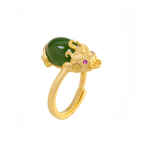 18K Gold-plated Pixiu Wealth Ring with White and Green Jade 18K Gold-plated Pixiu Wealth Ring with White and Green Jade
