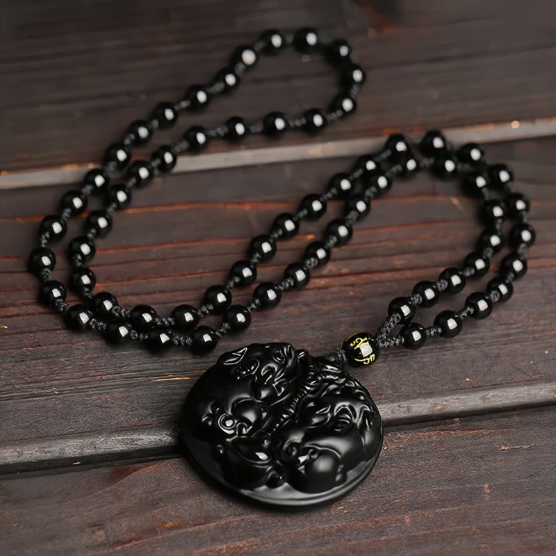 Black Obsidian Double Pixiu Purification Necklace Black Obsidian Double Pixiu Purification Necklace