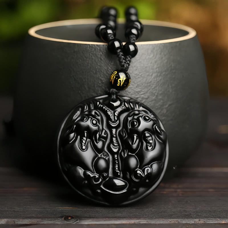 Black Obsidian Double Pixiu Purification Necklace Black Obsidian Double Pixiu Purification Necklace