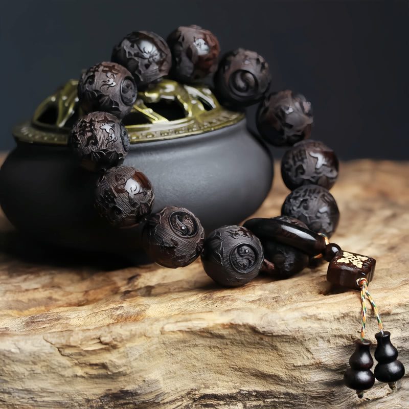 Ebony Wood Yin Yang Engraved Gourd Balance Bracelet Ebony Wood Yin Yang Engraved Gourd Balance Bracelet